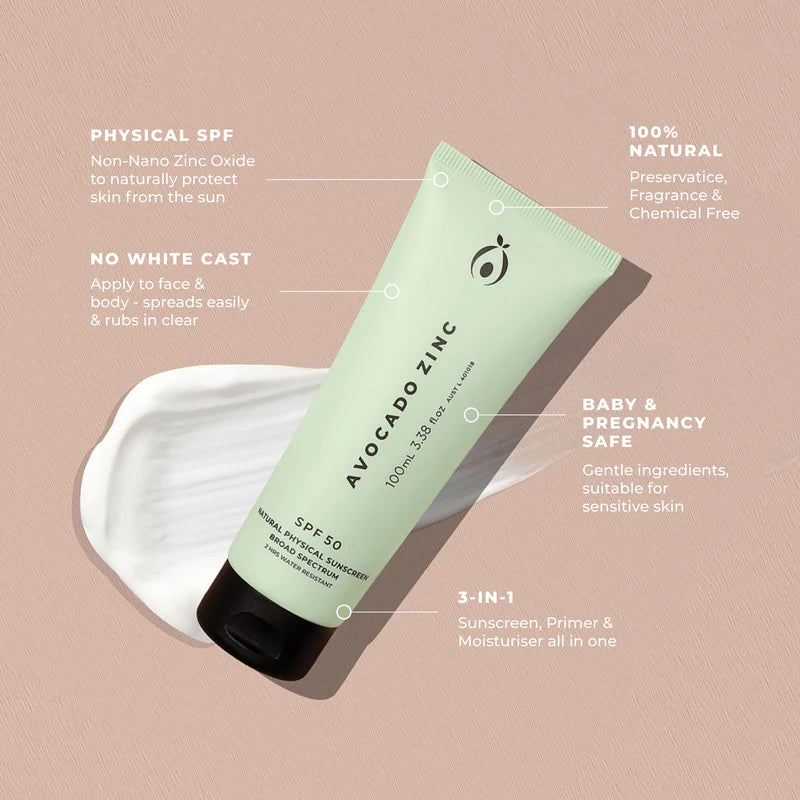 Bottle of avocado zinc SPF50 Natural sunscreen with benefits listed on the background. Physical sunscreen, 100%Natural, No white cast, baby and pregnancy safe, 3 in 1 sunscreen primer and moisturiser. 